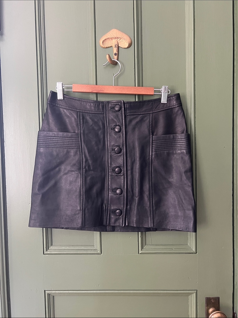 Sezane Black Leather Button-Front Mini Skirt with pockets